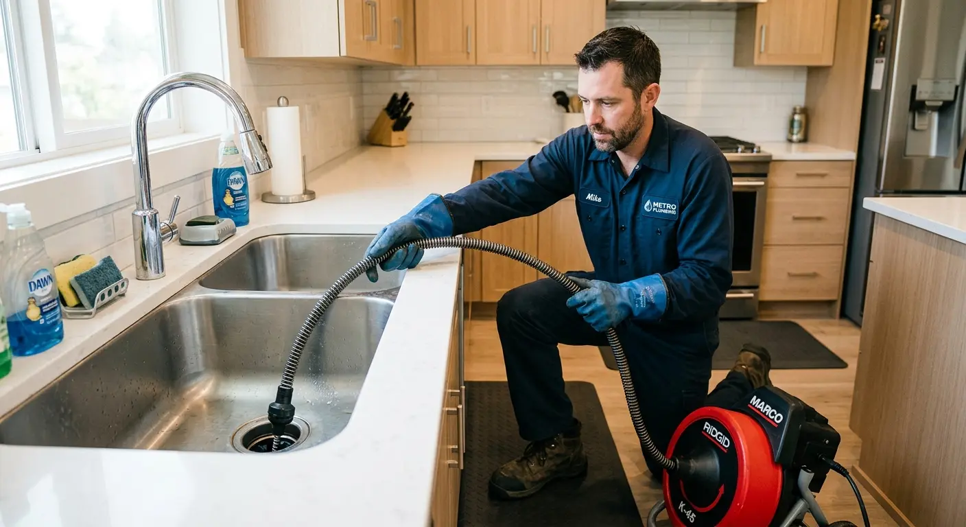 Drain cleaning technician using a motorized snake on a kitchen sink in Chicago