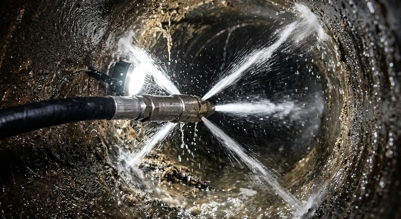 High-pressure hydro jetting nozzle cleaning sewer pipe for Sewer Cleanout in Chicago