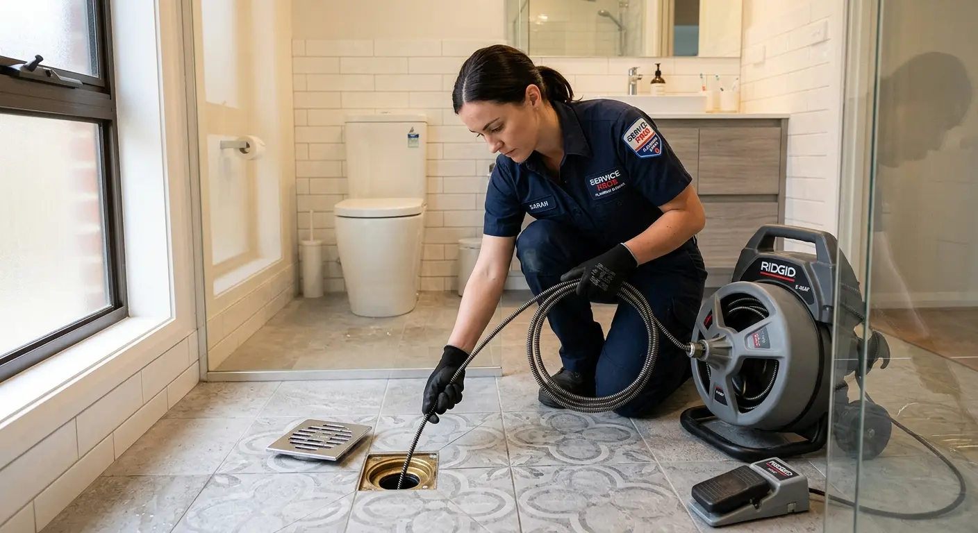 Technician clearing a bathroom floor drain for Sewer Line Installation in Chicago